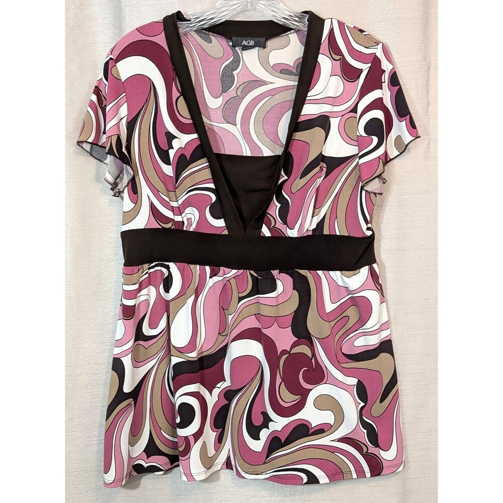 AGB Top Women's LARGE Brown Pink Swirl Babydoll Y2K Milkmaid Retro 70s Stretch